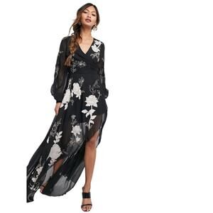 Women's Black Sheer Floral Embroidered Maxi Dress Sz 2 Boho Romantic Cocktail